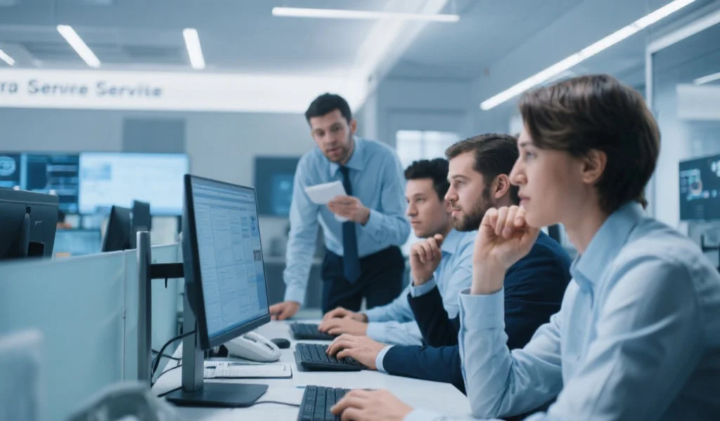 技术支持团队成员在办公桌前认真解答用户问题，背景为现代化服务中心