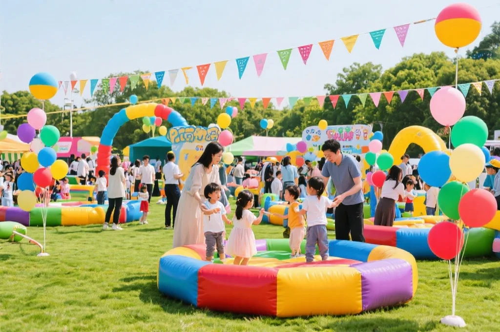 户外嘉年华活动现场，家长与孩子们在五彩缤纷的游乐区互动玩耍，气球和彩旗装饰增添节日氛围
