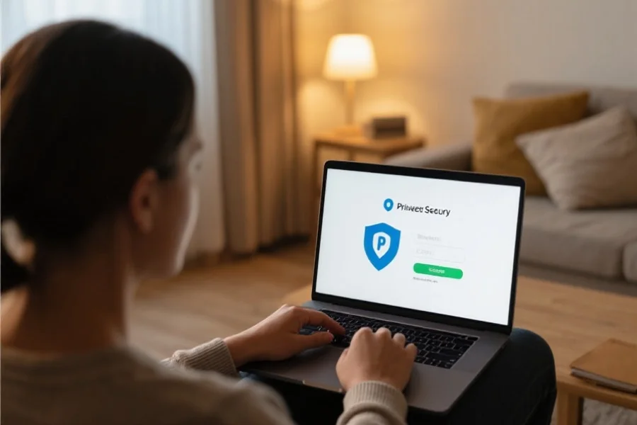 一位用户在家中通过笔记本安全登录平台，屏幕上显示隐私保护标志，环境温馨